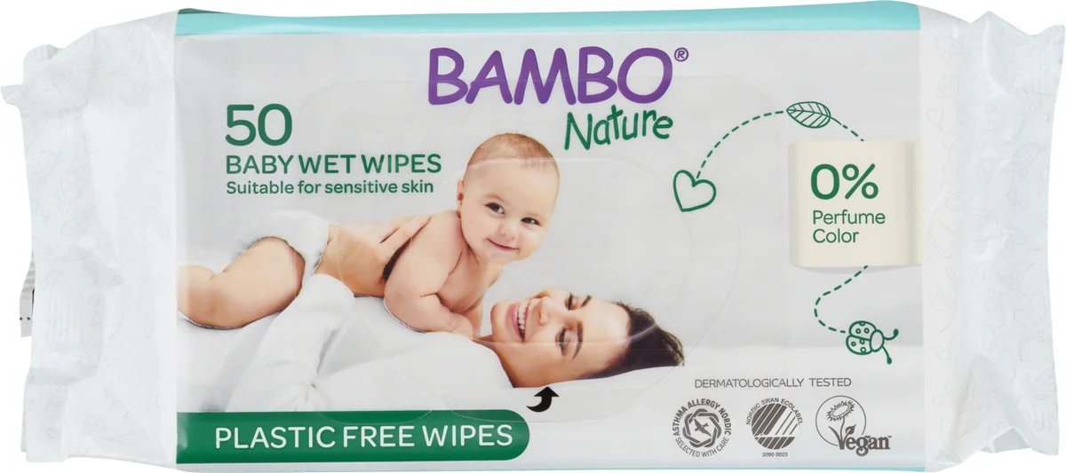 Servetele umede ecologice fara plastic, 50 bucati, Bambo Nature