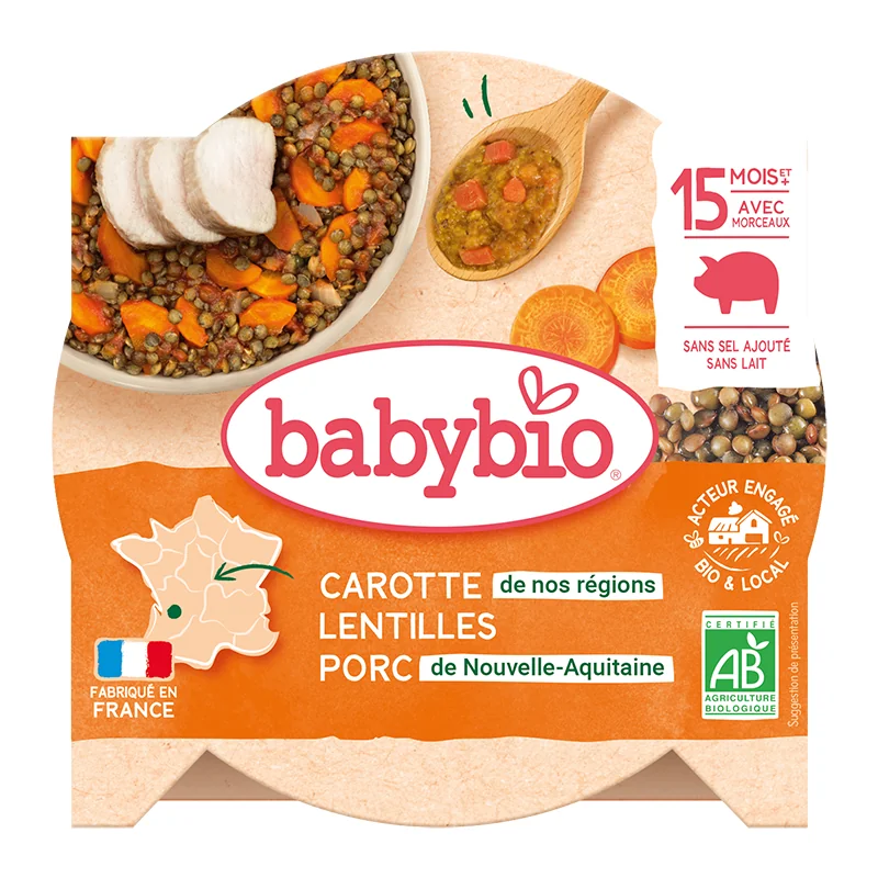 Meniu cu morcovi, linte si carne de porc, 260g, BabyBio