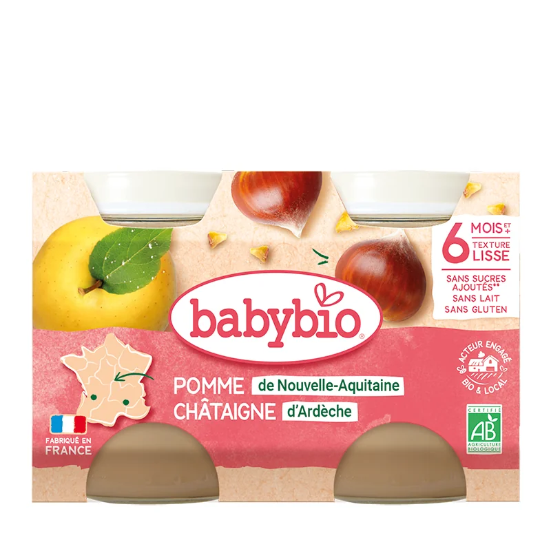 Piure de mere si castane Bio, 2 x 130g, BabyBio