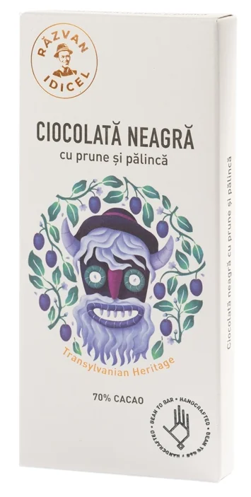 Ciocolata neagra 70% cacao cu prune si palinca, 80g, Razvan Idicel
