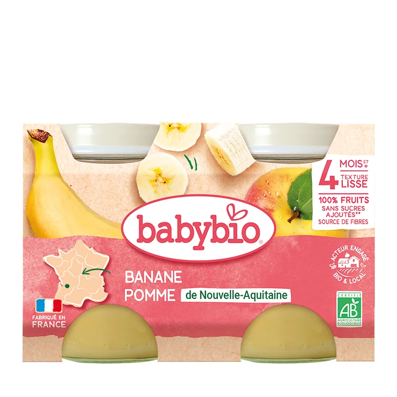 Piure de mere si banane Bio, 2 x 130g, BabyBio