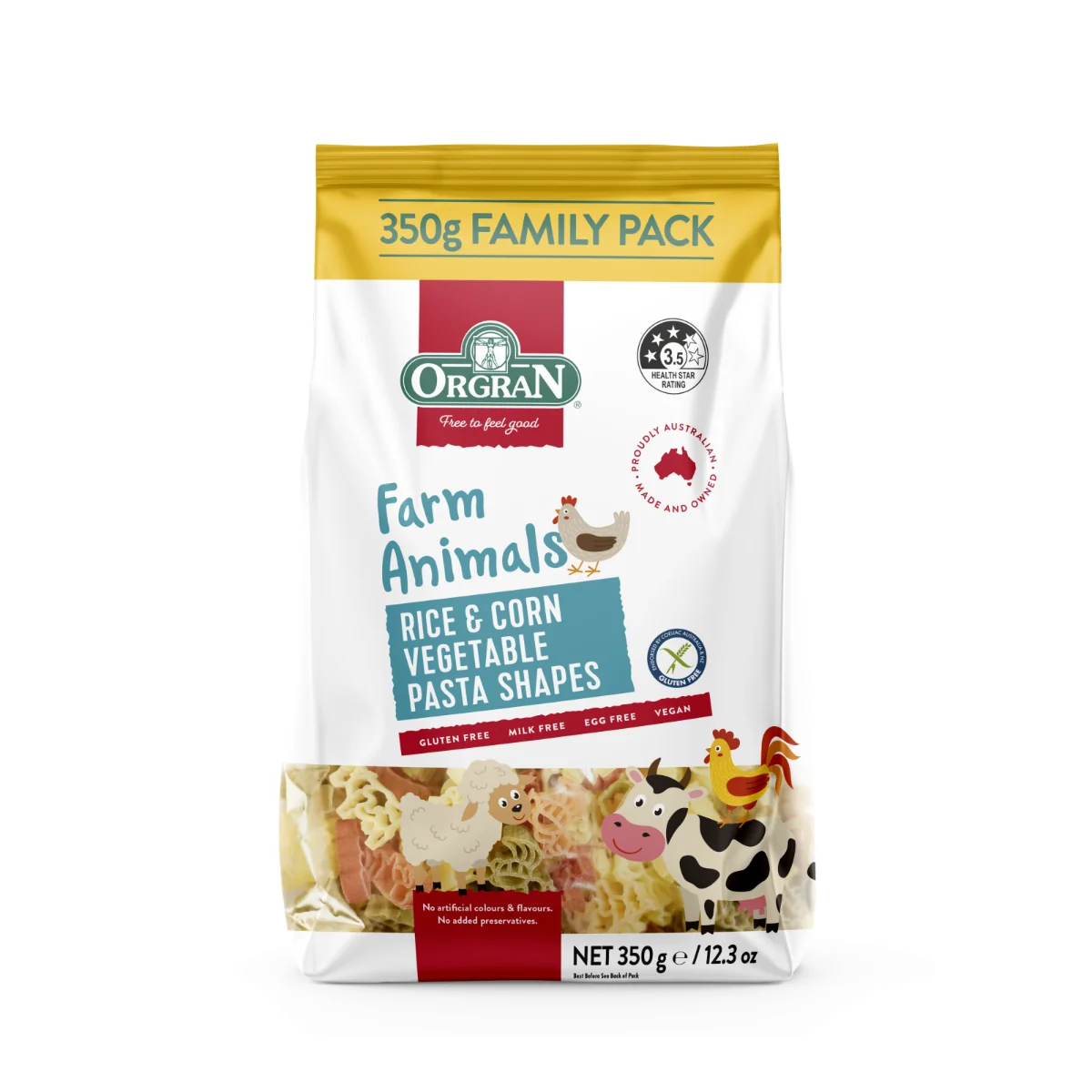 Paste in forma de animale din orez si porumb, 350g, Orgran