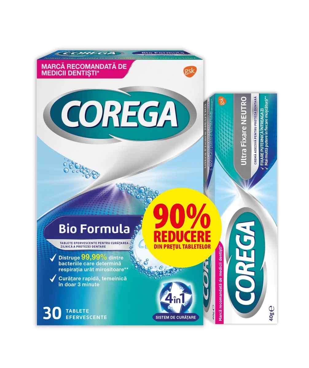 Pachet Adeziv Pentru Proteza Neutro 40g + Tablete Efervescente 30 Tablete, Corega