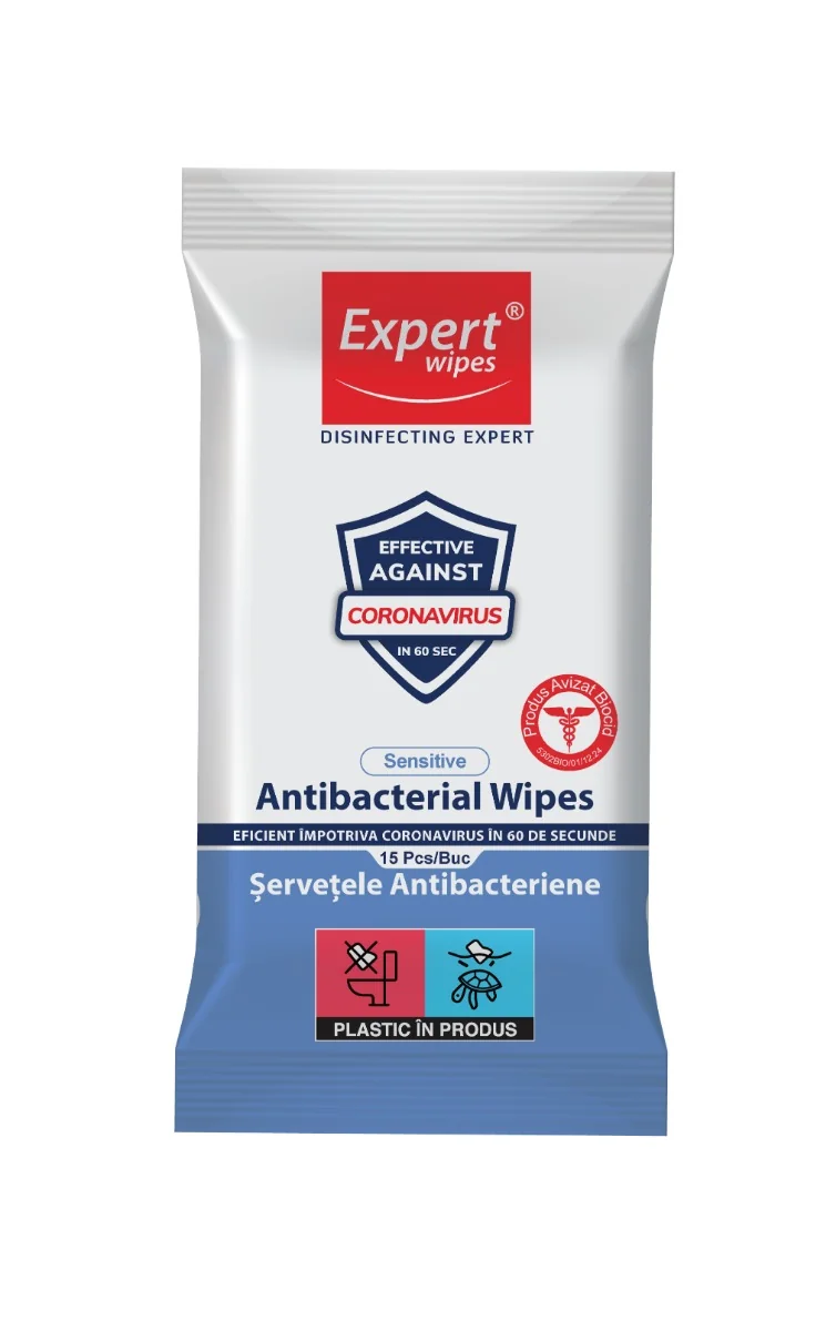 Servetele Umede Antibacteriene Sensitive, 15 Bucati, Expert Wipes