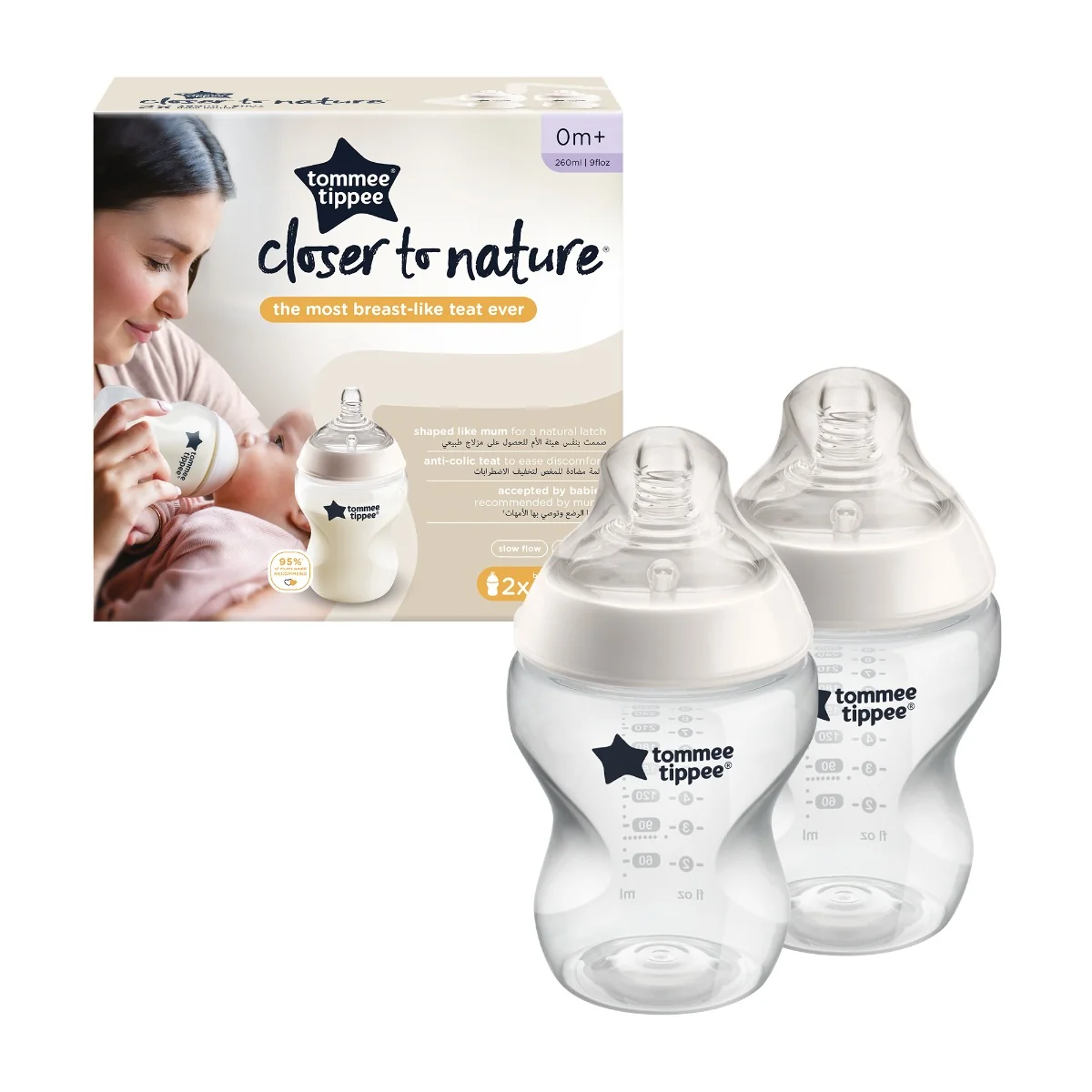 Set 2 Biberoane PP Tetina Silicon 0 Luni + Closer To Nature, 2 x 260ml, Tommee Tippee