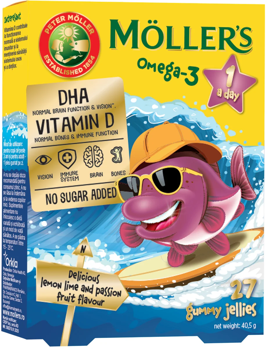 Pestisori gumati Omega 3 cu lemon lime si fructul pasiunii, 27 jeleuri, Moller's