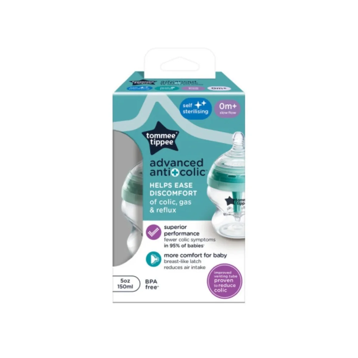 Biberon Advanced Anti-Colic Pentru 0 Luni+ Cu Autosterilizare Natural Start, 150 ML, Tommee Tippee
