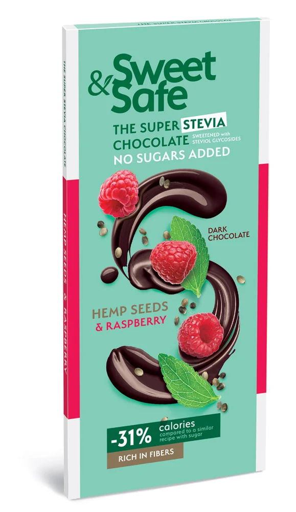 Ciocolata Amaruie Cu Indulcitor Natural De Stevia Sweet&Safe, Seminte De Canepa, Zmeura, 90 G, Sly Nutritia