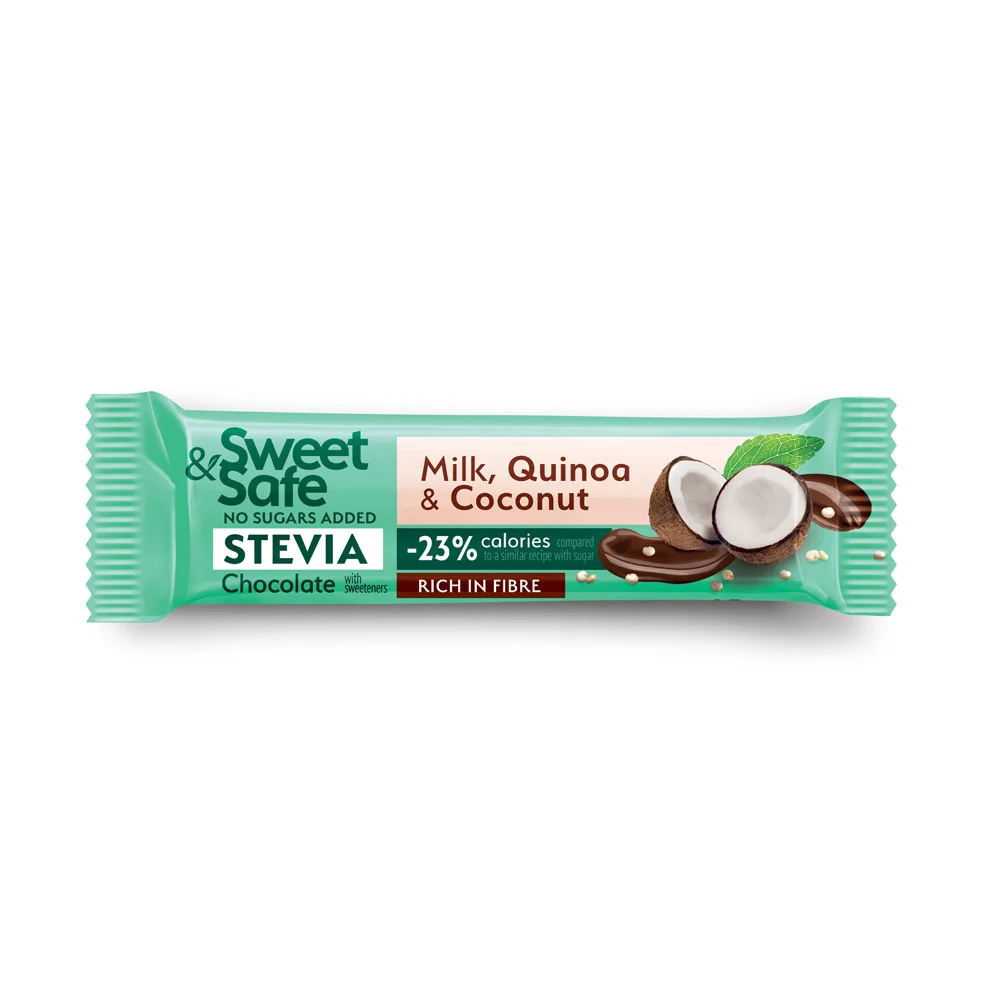Ciocolata Cu Lapte Si Indulcitor Natural De Stevia Sweet&Safe, Cocos Si Quinoa, 25 G, Sly Nutritia