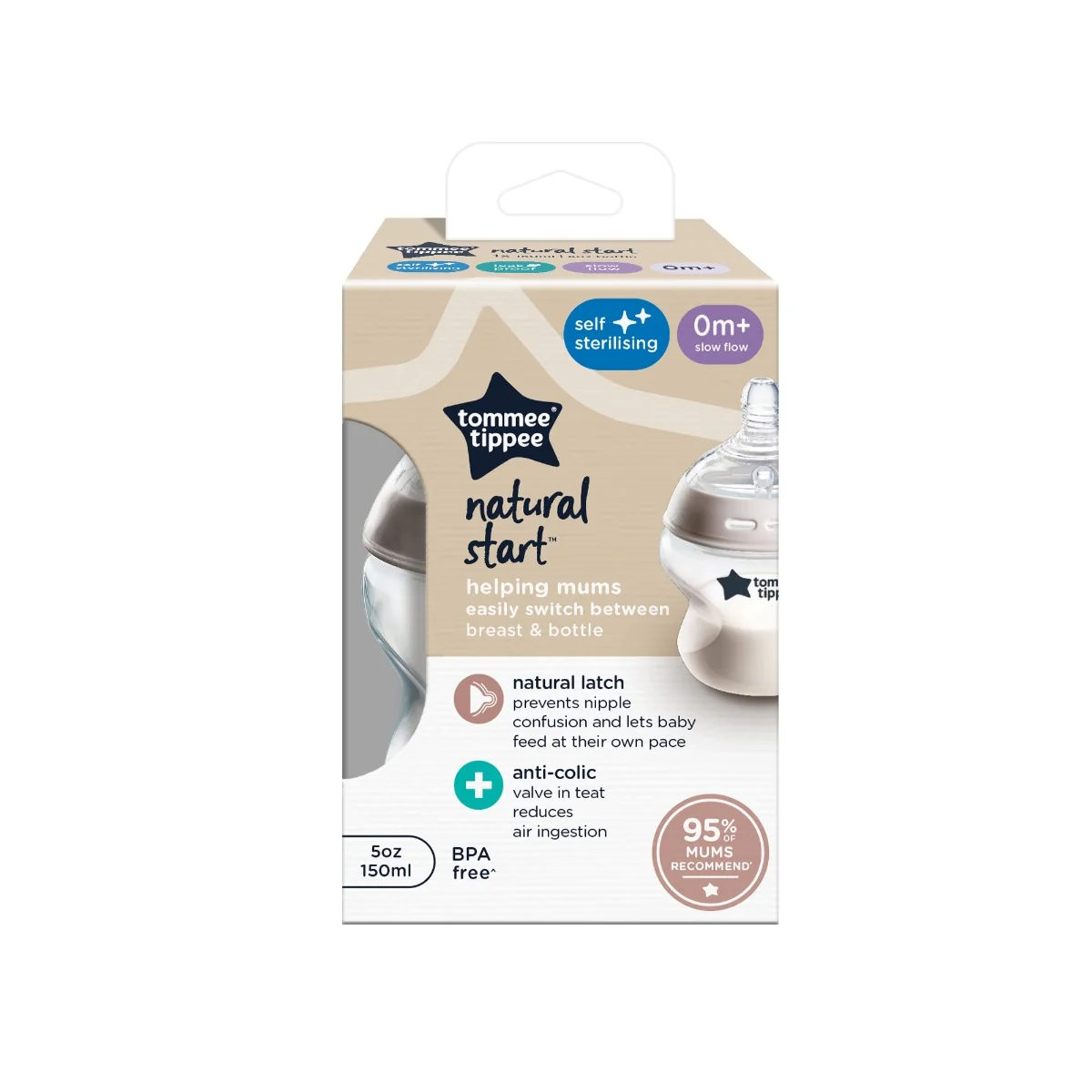 Biberon Cu Autosterilizare Din PP Pentru +0 Luni Natural Start, 150ML, Tommee Tippee