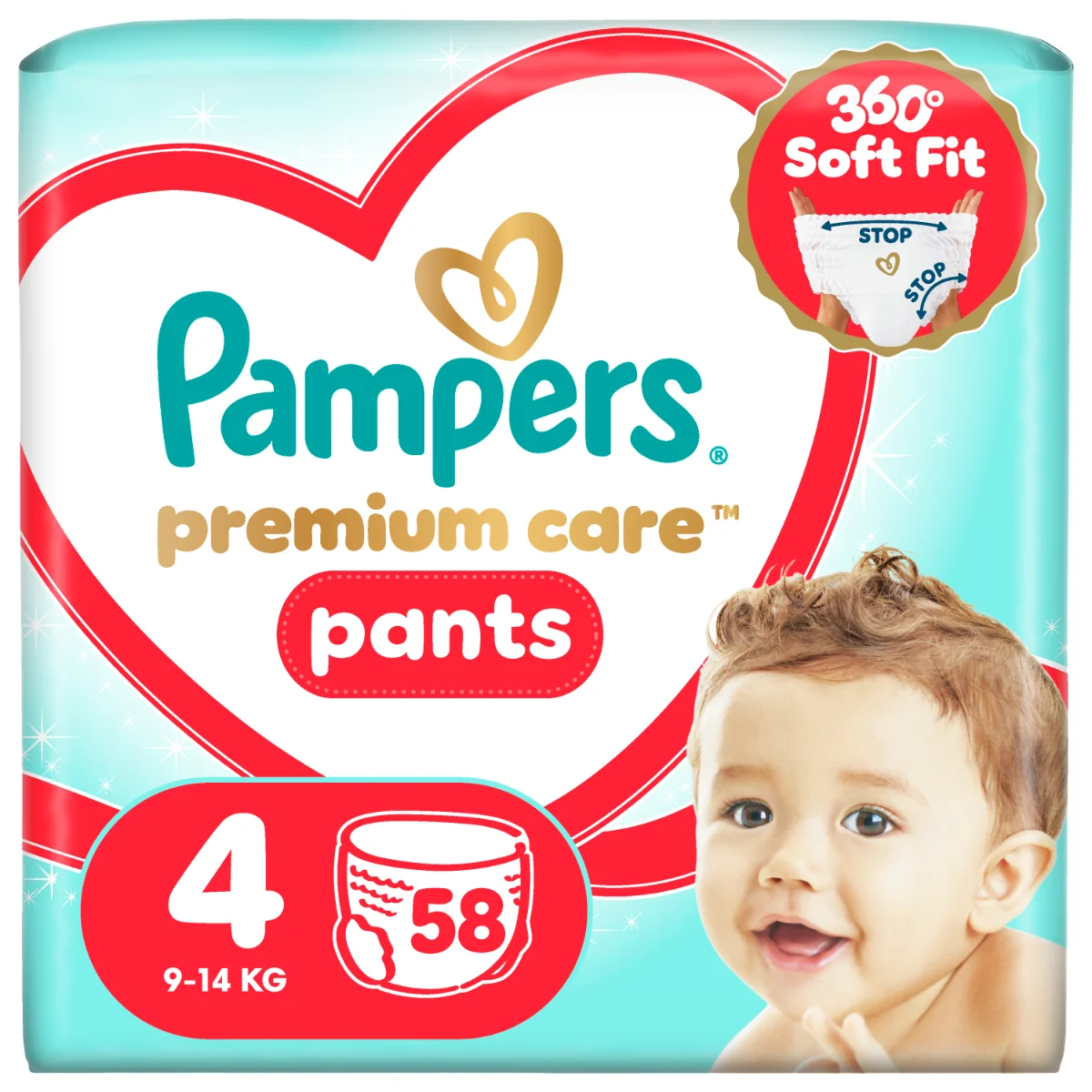 Scutece-Chilotel Premium Care Marimea 4 9kg-15kg,  58 buc, Pampers