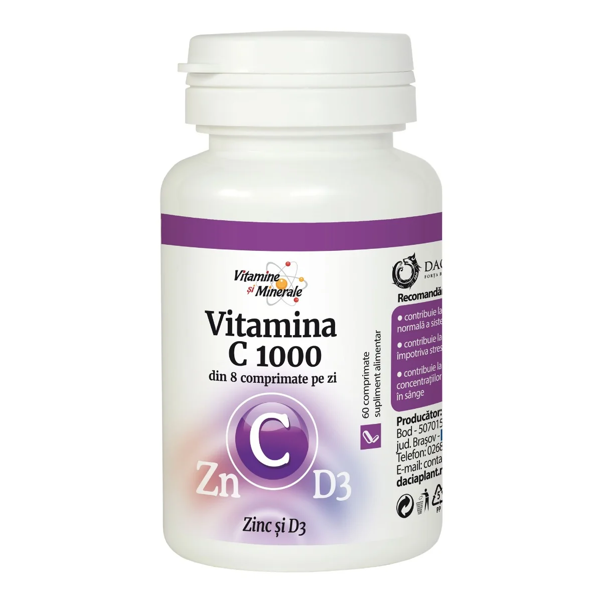 Vitamina C 1000 Cu Zinc Si D3, 60 Comprimate, Dacia Plant