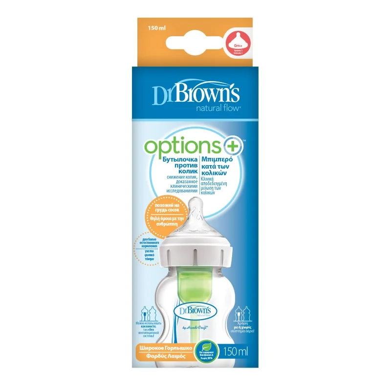 Biberon Anti-Colici Cu Gat Larg Options+, 150ml, Dr. Brown's