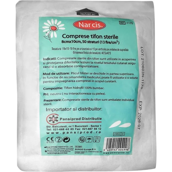 Comprese Din Tifon Sterile 8 cm x 10 cm, 50 Straturi (13 fire/cm2), Narcis