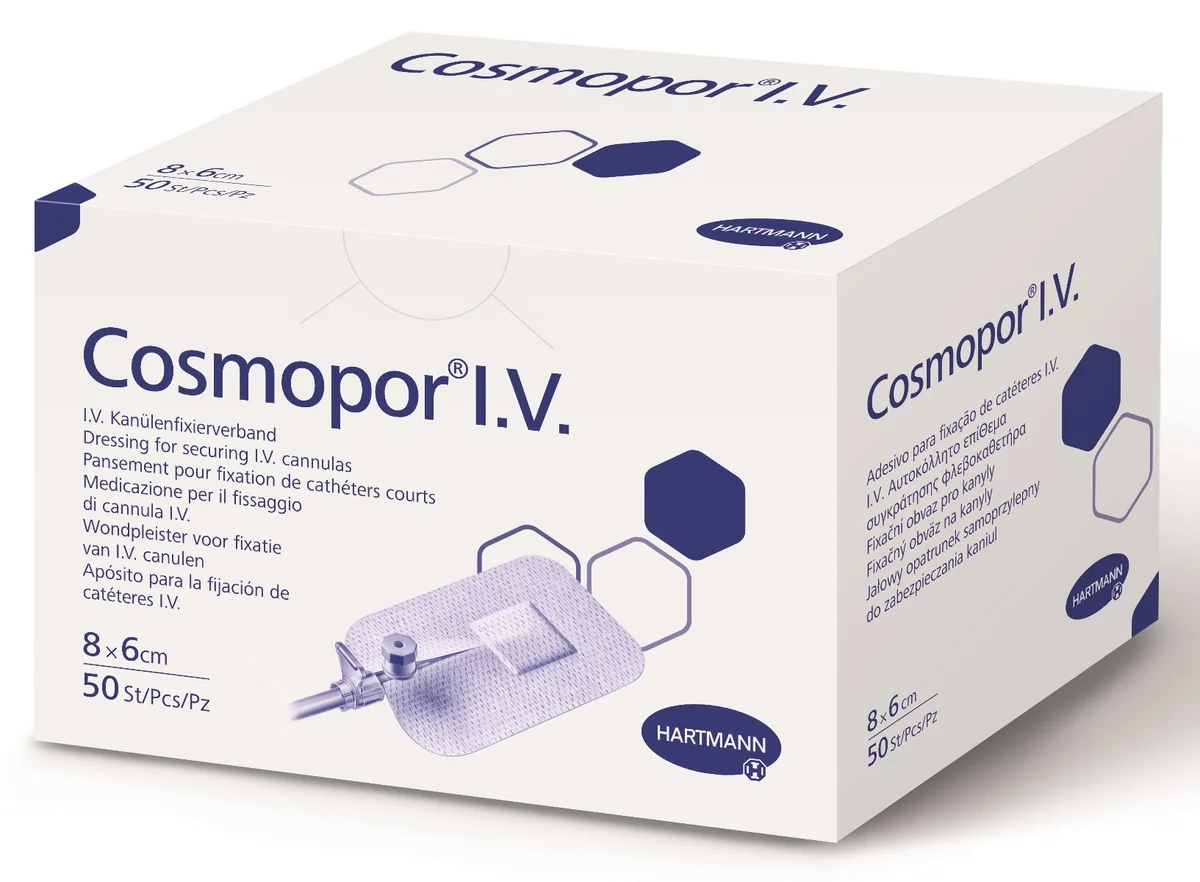 Plasture Steril Pentru Fixarea Branulelor Cosmopor I.V., 8 x 6 cm, 50 Bucăți, Hartmann