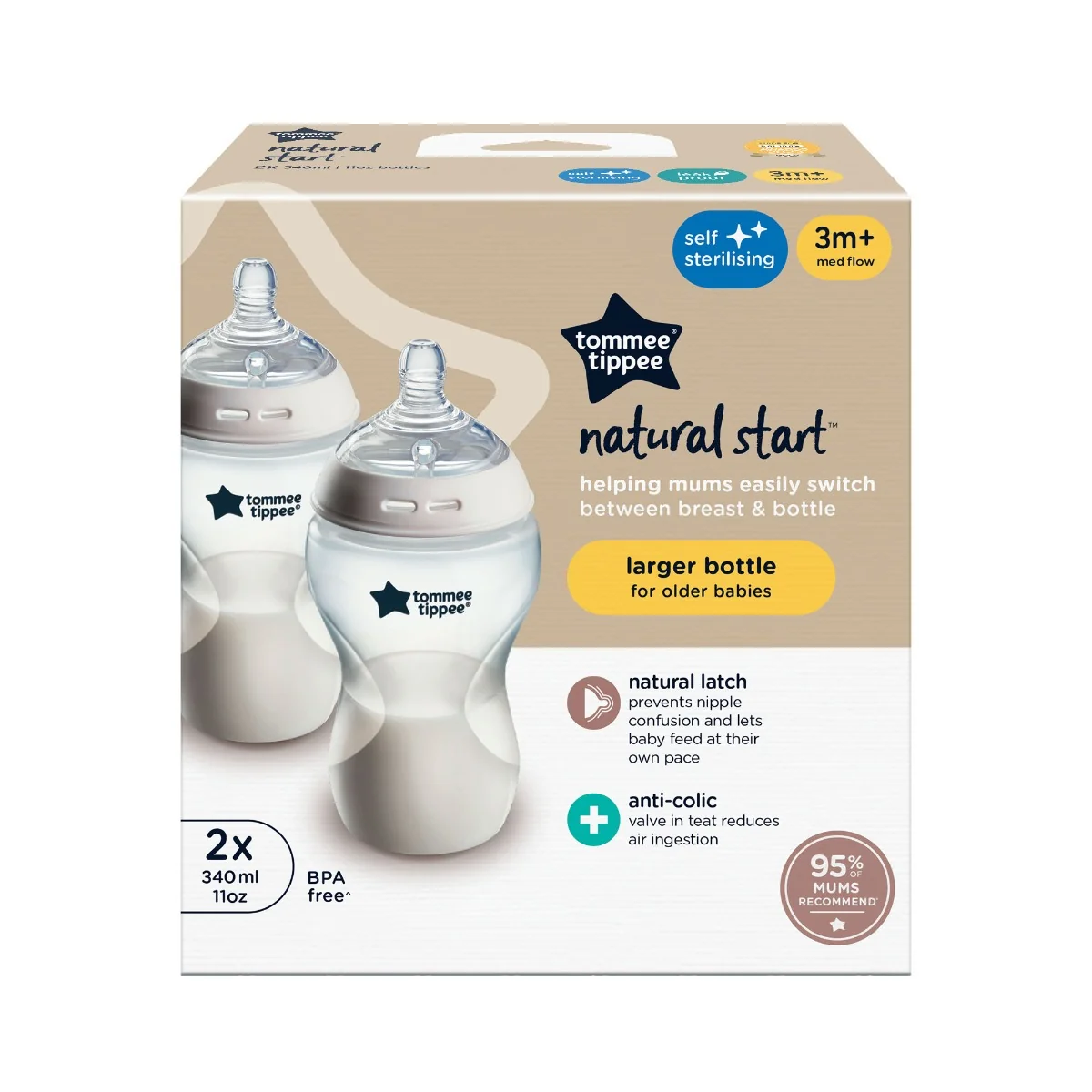 Set Biberoane Cu Autosterilizare Din PP Pentru +3 Luni Natural Start, 2 x 340ml, Tomme Tippee