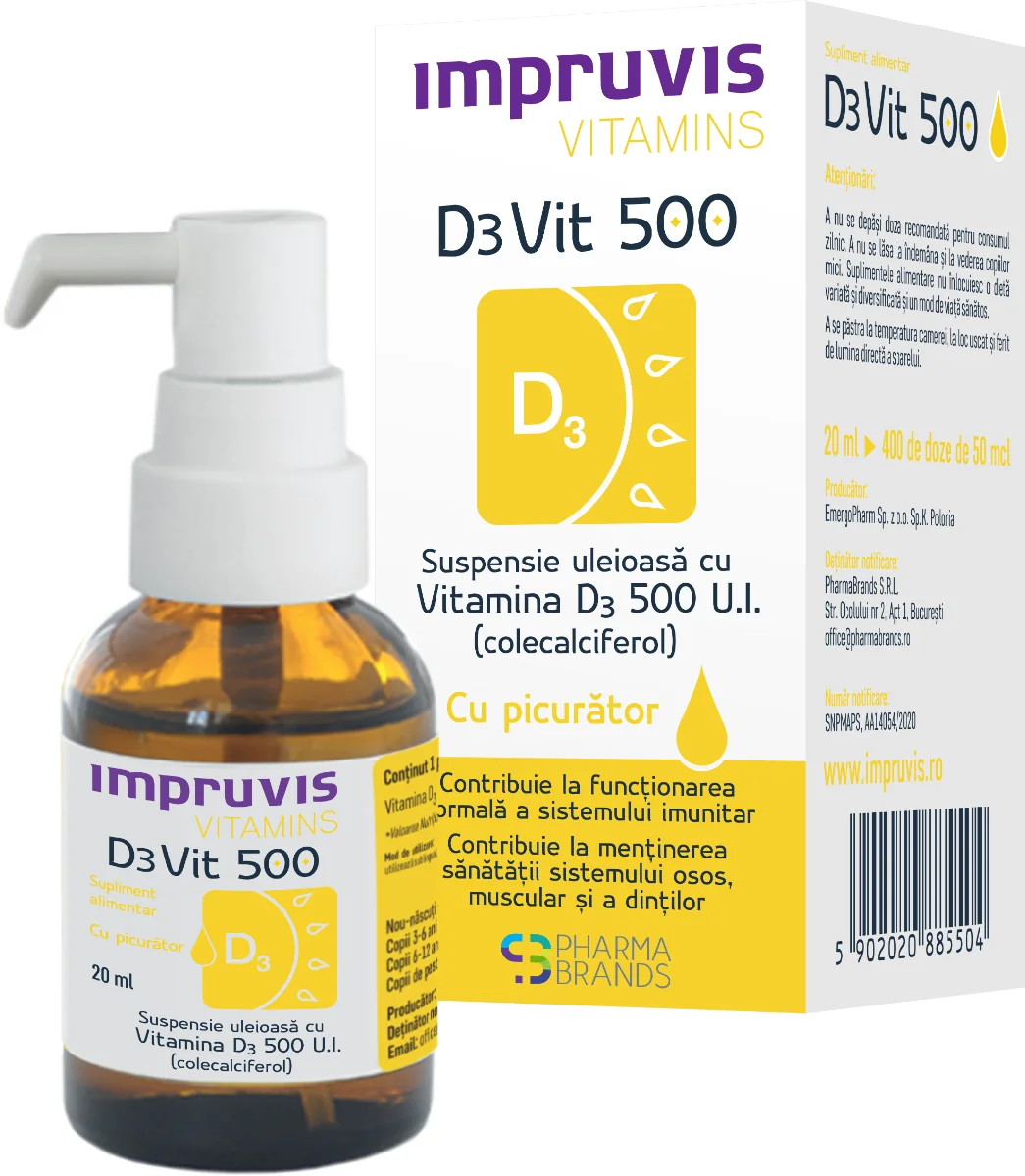 Suspensie Uleioasă Cu Picurător Vitamina D3 D3Vit 500 U.I., 20ml, Pharma Brands