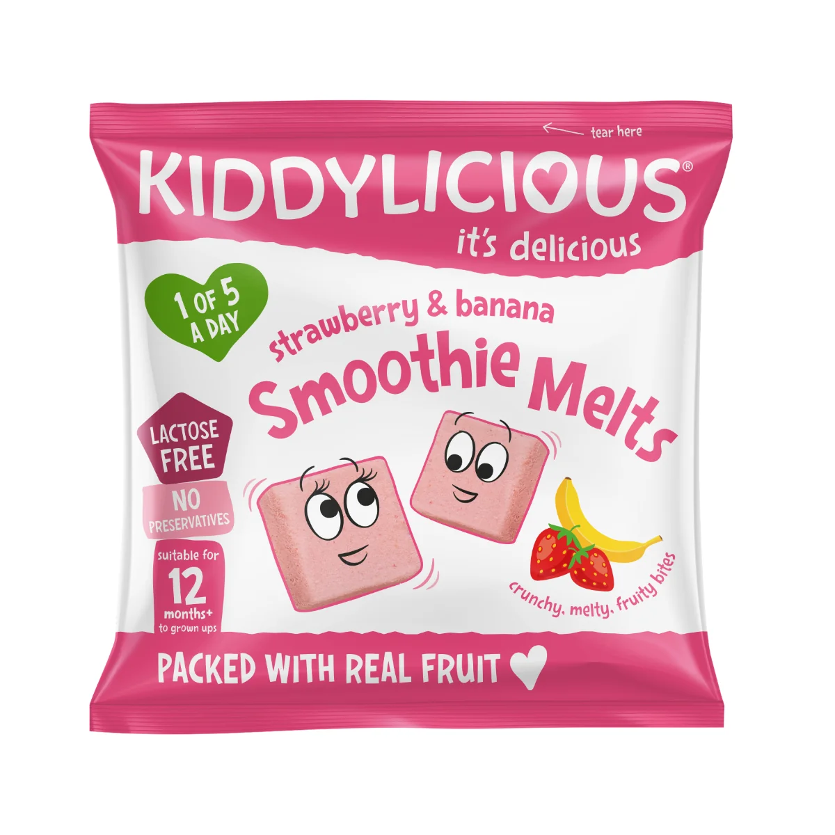 Gustare din bucati de piure de fructe cu capsuni si banane +12 luni, 6g, Kiddylicious