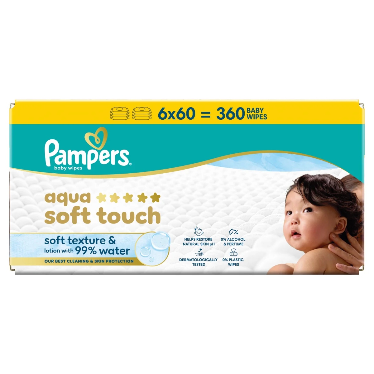Servetele umede cu 99% apa si lotiune usoara Aqua Soft Touch, 360 bucati, Pampers
