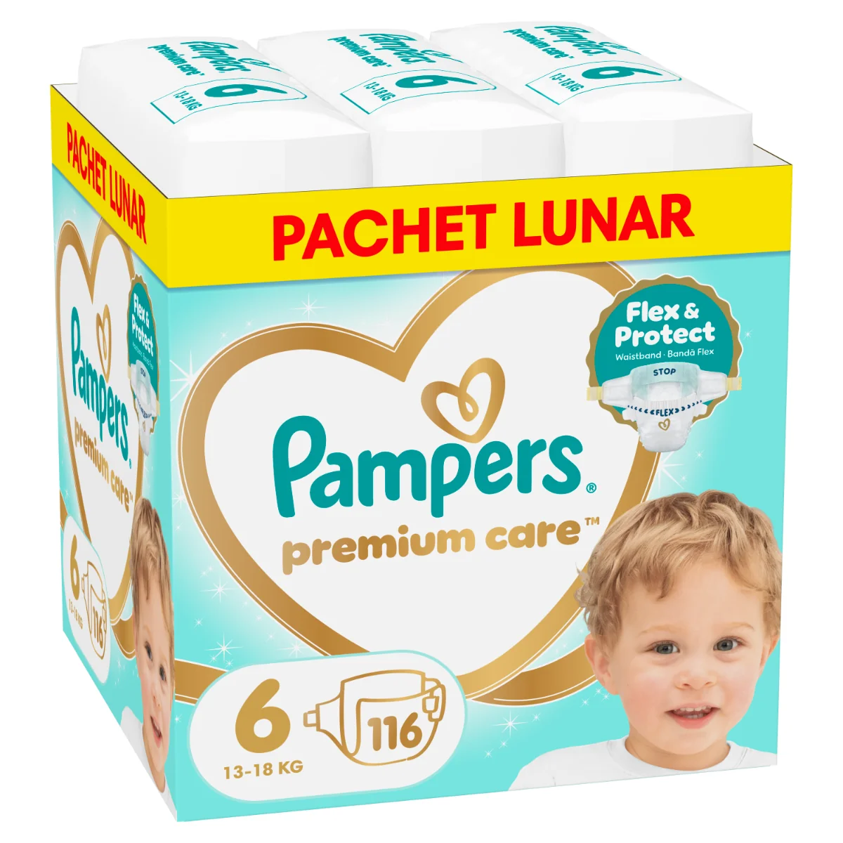 Scutece Premium Care Marimea 6 pentru 13-18 kg, 116 bucati, Pampers