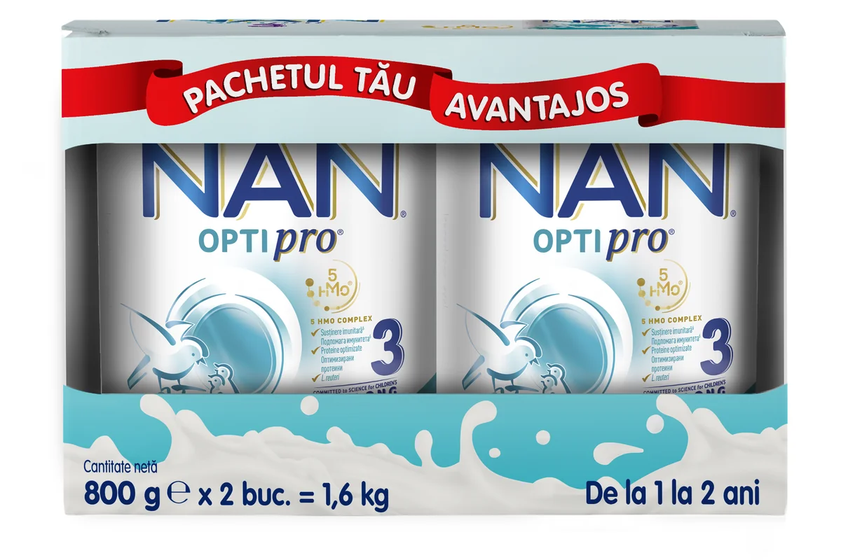 Produs pe baza de lapte praf fortifiat NAN Optipro 3 de la 1 an, 2 x 800g, Nestle