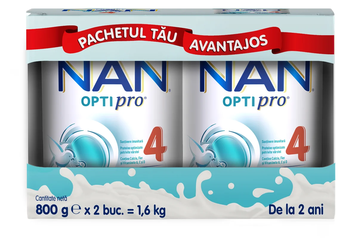 Produs pe baza de lapte praf fortifiat NAN Optipro 4 de la 2 ani, 2 x 800g, Nestle