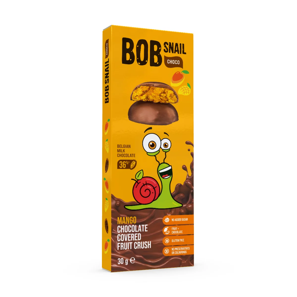 Snack fructat din mango invelit in ciocolata cu lapte, 30g, Bob Snail
