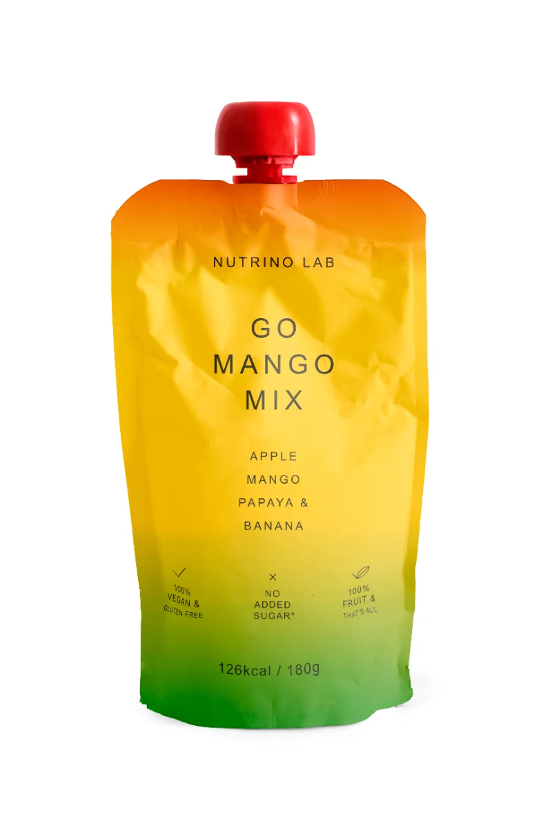 Piure pasteurizat din fructe cu mere mango papaya si banane, 180g, Nutrino Lab