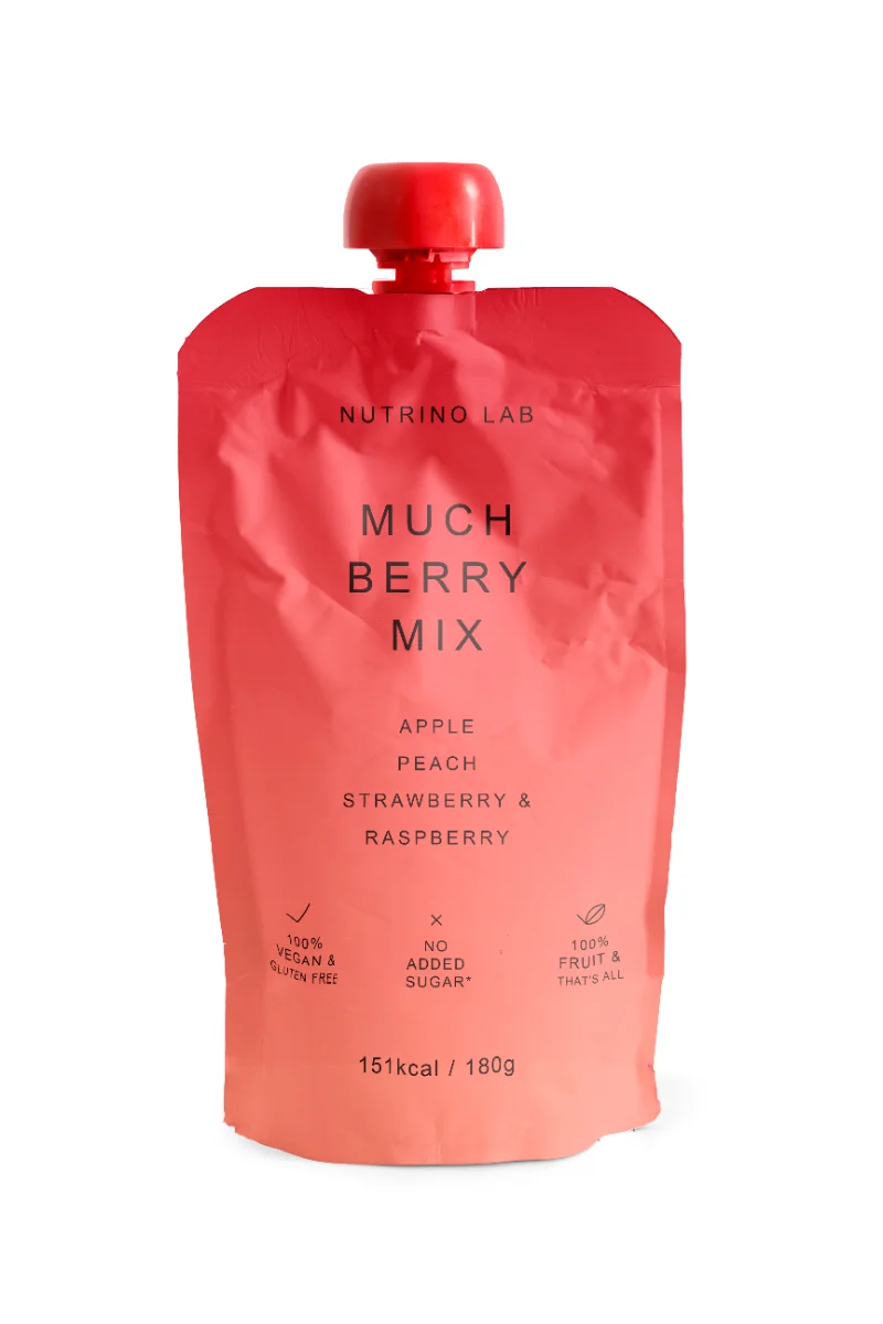Piure pasteurizat din fructe cu mere piersici capsuni si zmeura, 180g, Nutrino Lab