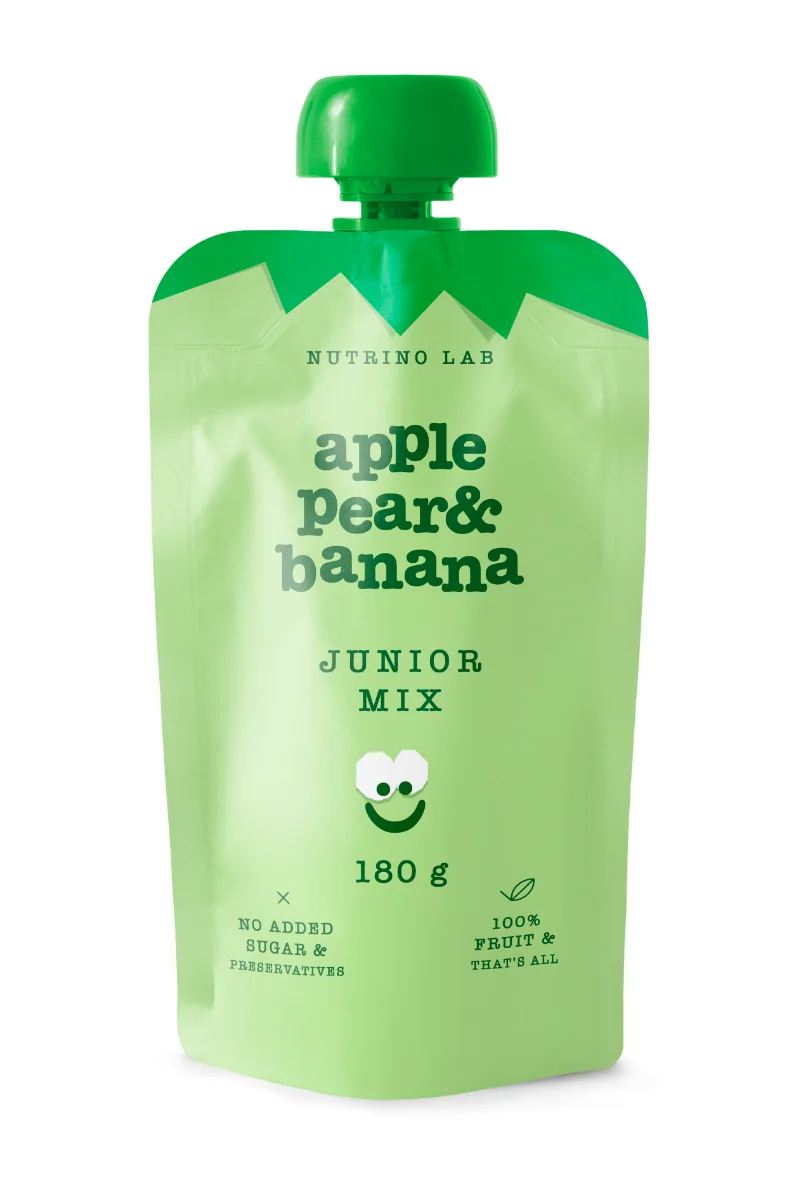 Piure pasteurizat din fructe cu mere pere si banane Junior Mix, 180g, Nutrino Lab