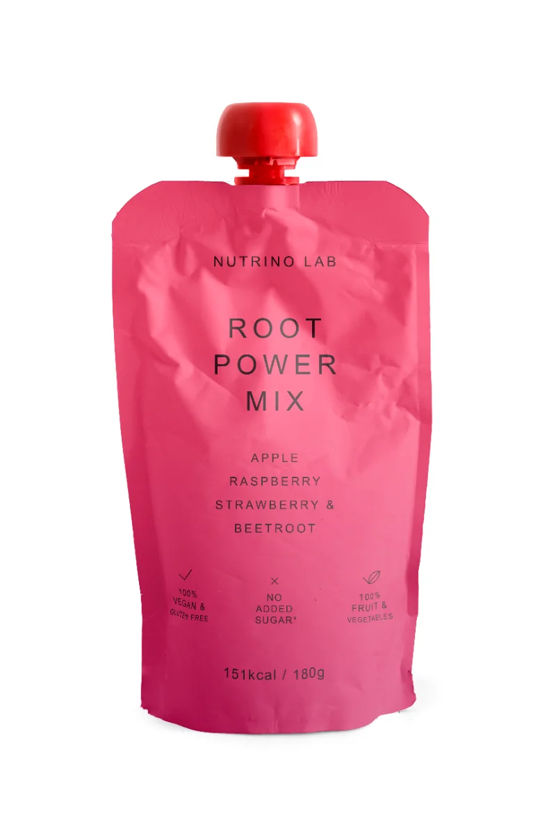 Piure pasteurizat din fructe si legume cu mere zmeura capsuni si sfecla rosie, 180g, Nutrino Lab
