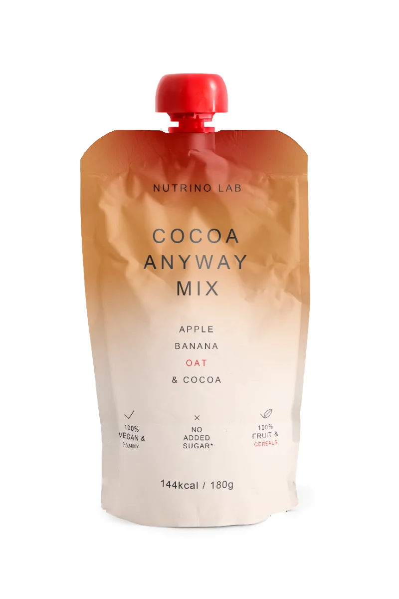 Piure pasteurizat din fructe cu mere si banane cu adaos de ovaz si pudra de cacao, 180g, Nutrino Lab