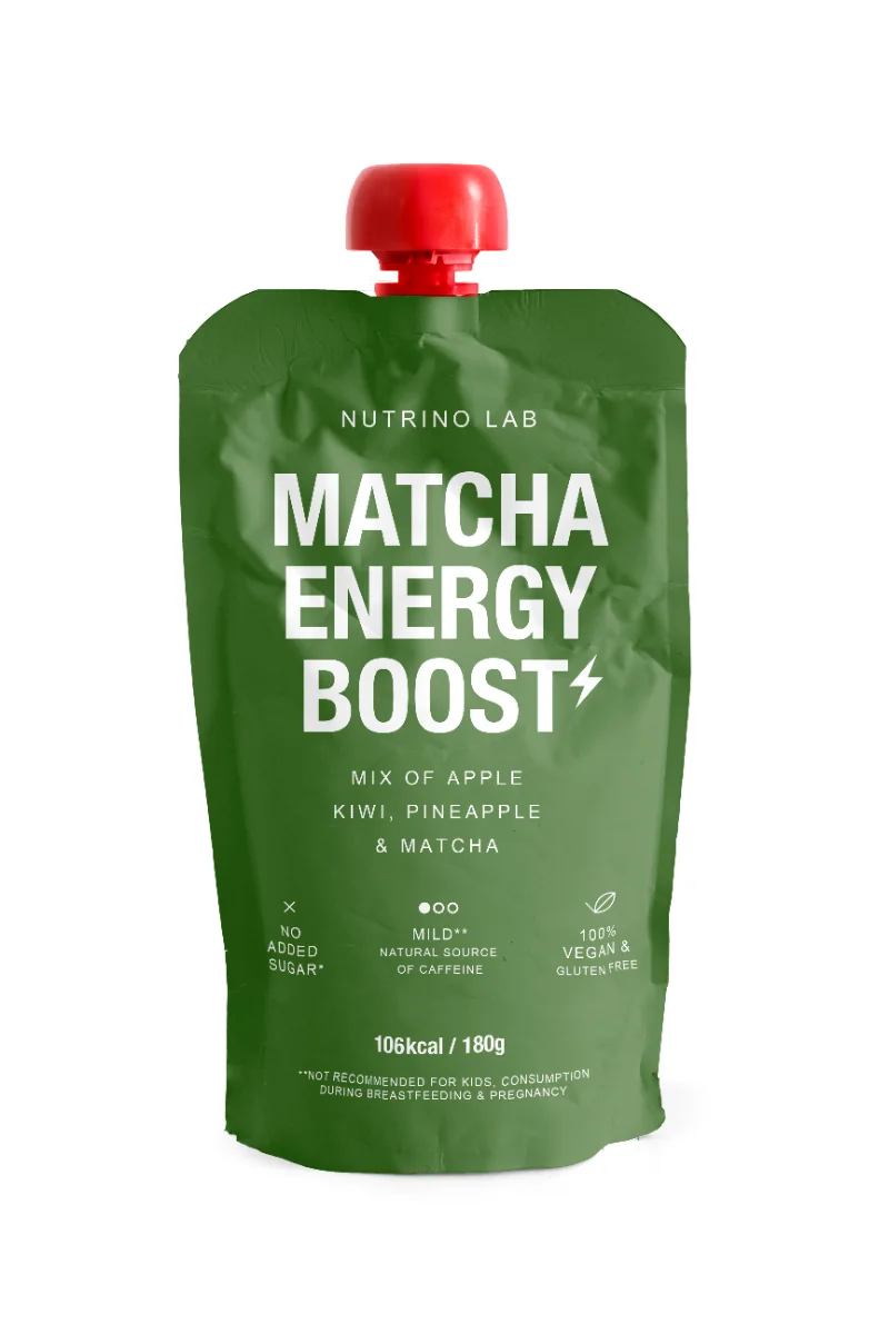 Piure pasteurizat din fructe cu mere kiwi ananas si pudra de matcha, 180g, Nutrino Lab