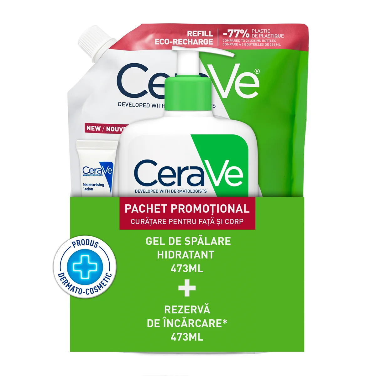 Pachet Gel de spalare hidratant 473ml + Refill Gel de spalare hidratant 473ml + Lotiune hidratanta 5ml, CeraVe