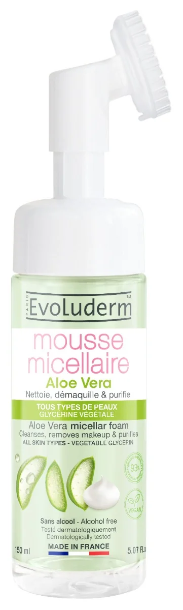 Spuma micelara de curatare cu perie din silicon Aloe Vera, 150ml, Evoluderm