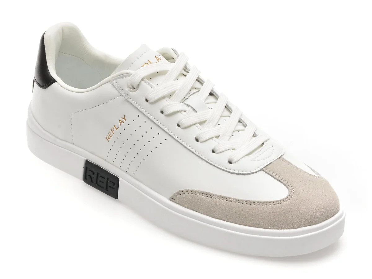 Pantofi Sport Replay Alb-Negru, GMZ3P, Din Piele Naturală