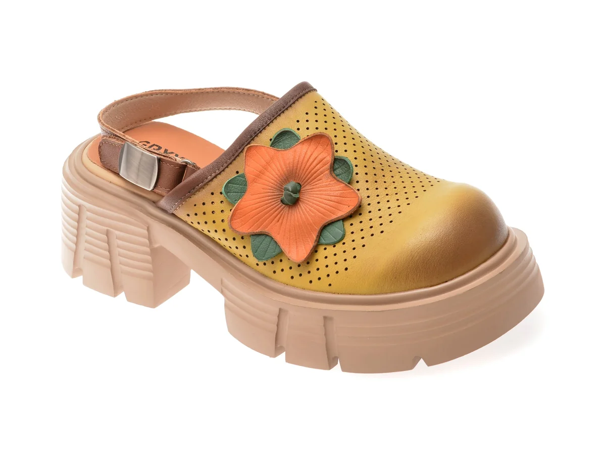 Papuci GRYXX Galbeni, 26618, Din Piele Naturala