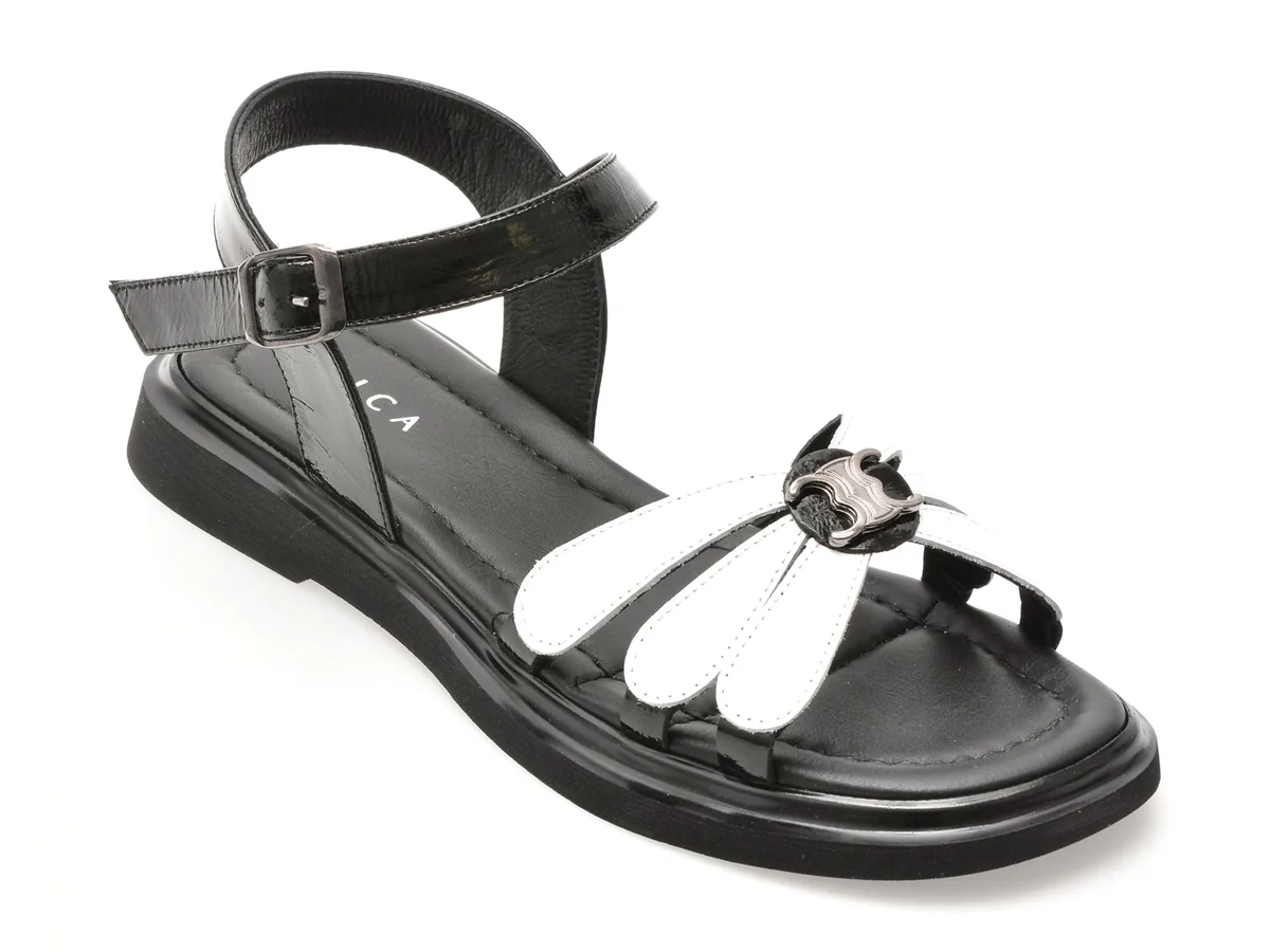 Sandale Epica Alb-Negru, 341125, Din Piele Naturala