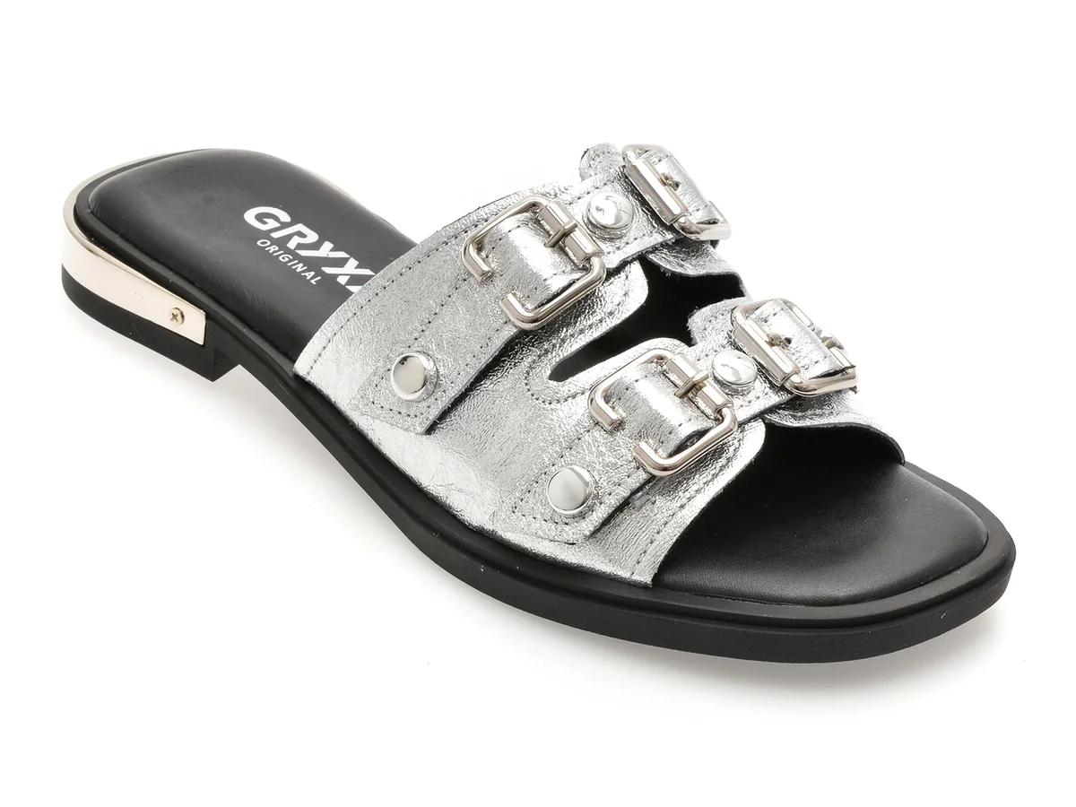Papuci GRYXX Argintii, 727091, Din Piele Naturală