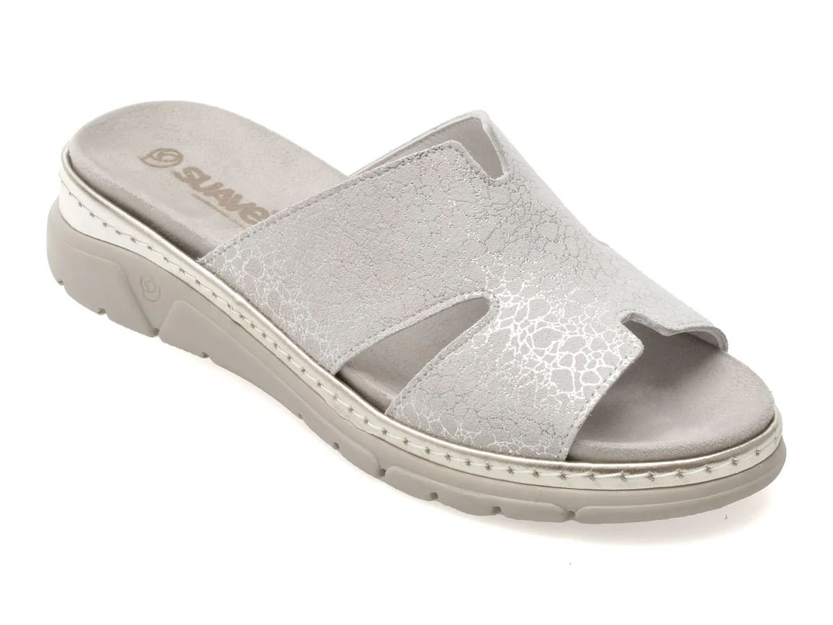 Papuci Suave Argintii, Mostar, Din Piele Naturala