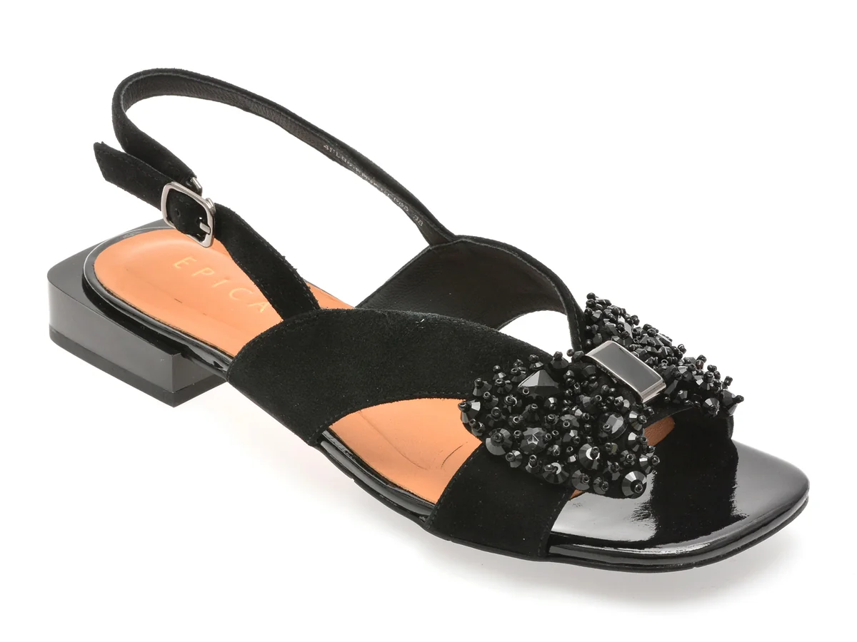 Sandale Epica Negre, Eb681, Din Piele Intoarsa
