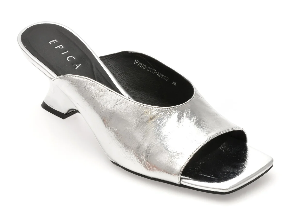 Papuci Epica Argintii, 1F7073, Din Piele Naturala