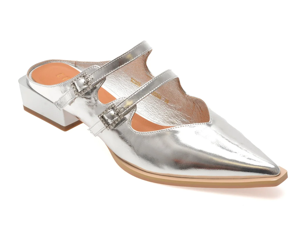 Papuci Epica Argintii, 1C5355, Din Piele Naturala