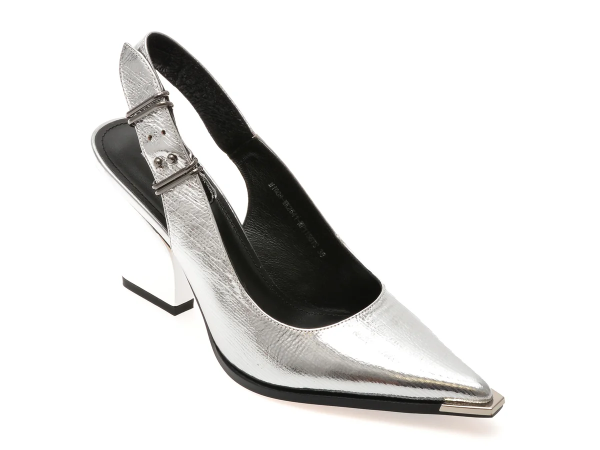 Pantofi Eleganti Epica Argintii, M1008, Din Piele Naturala