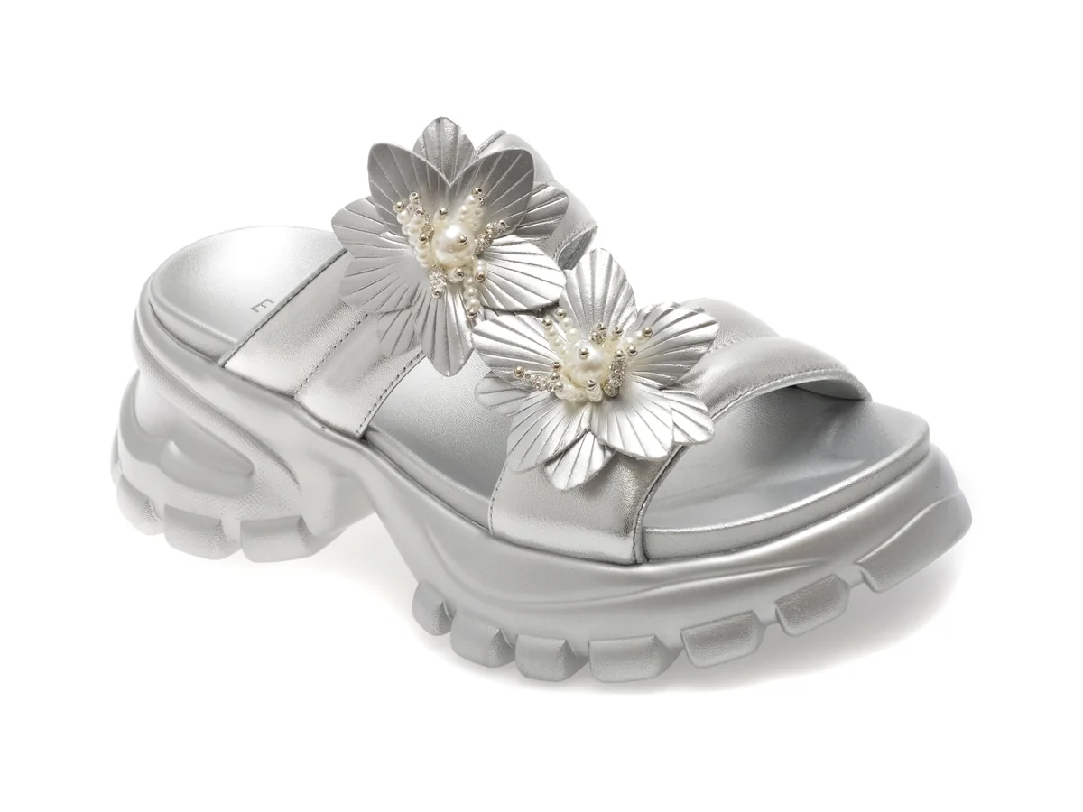 Papuci Epica Argintii, 241009, Din Piele Naturala