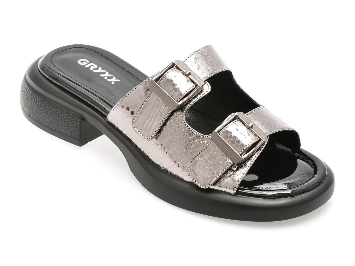Papuci Gryxx Argintii, H82, Din Piele Naturala Lacuita