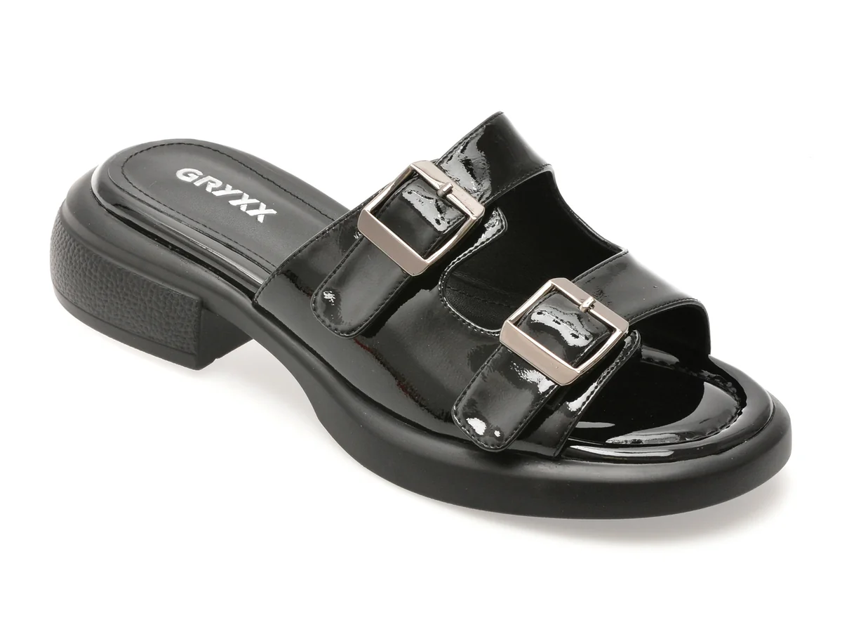 Papuci Gryxx Negri, H82, Din Piele Naturala Lăcuită