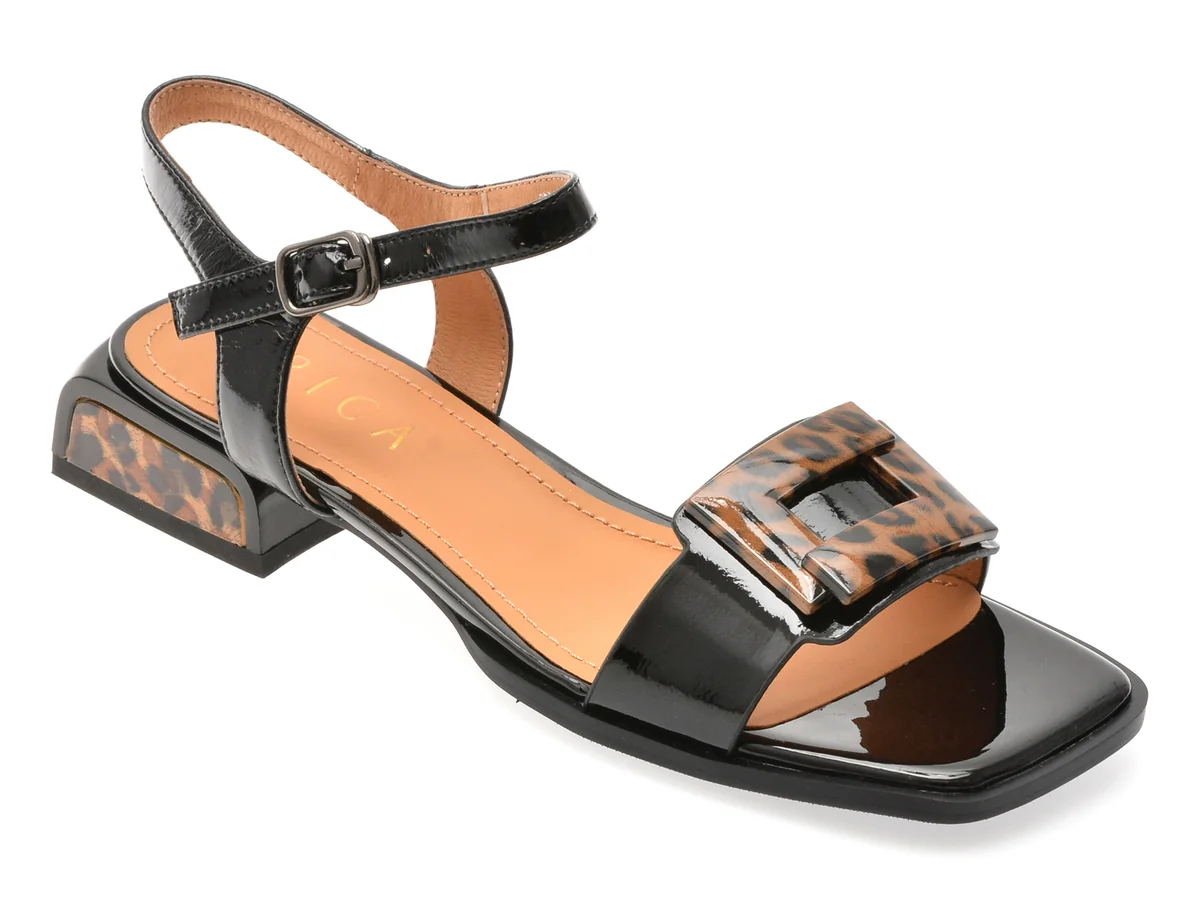 Sandale Epica Negre, D175, Din Piele Naturala Lacuita