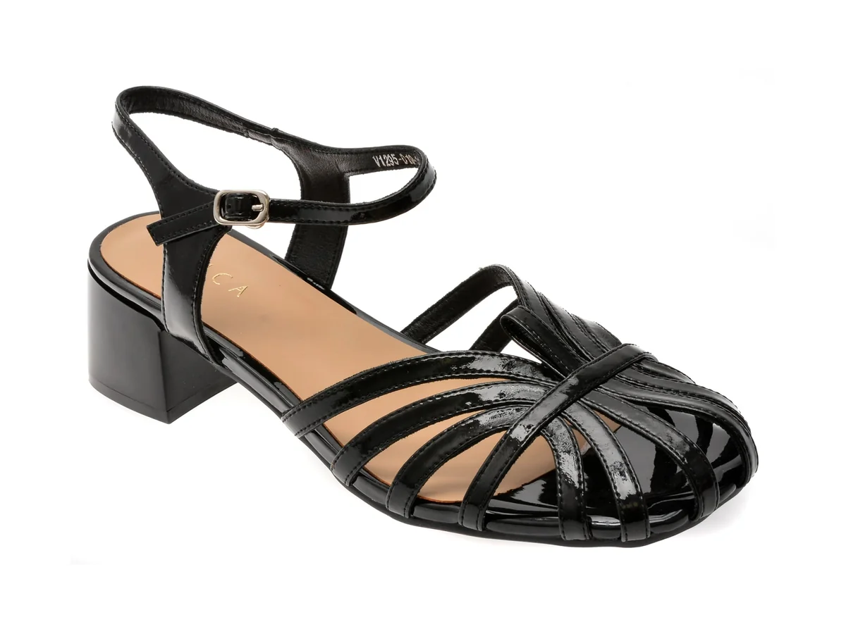 Sandale Epica Negre, 1295D19, Din Piele Naturală Lăcuită