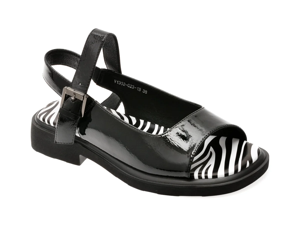 Sandale Flavia Passini Negre, 1302G23, Din Piele Naturală Lăcuită